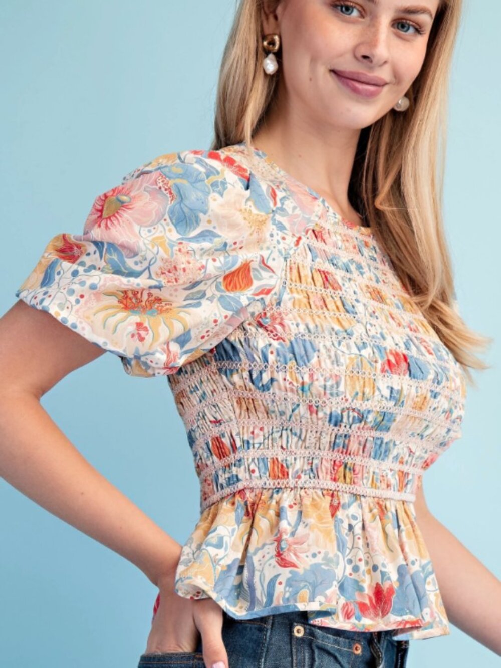Gigio Smocked Floral Peplum Blouse in Multi-Color Size S Cottagecore Milkmaid - Picture 2 of 6